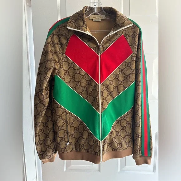 Gucci Brown GG Logo Jacket with Red and Green Stripes